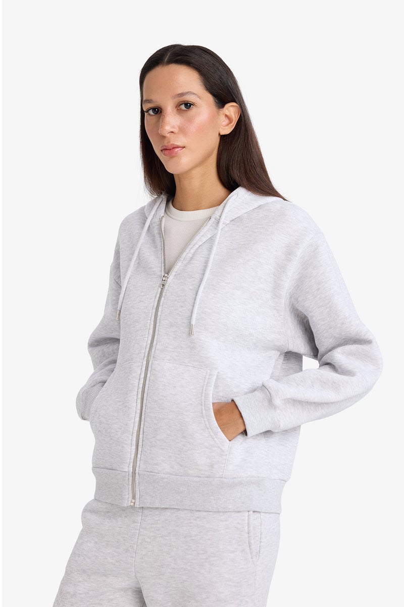 DeFacto Grey Woman Relax Fit Basic Thick Fabric Zip-Up Hoodie Casual - Image 3